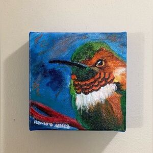 Original Art Humming Bird Painting Gallery Wrapped Canvas Painting 6”x6” Artwork